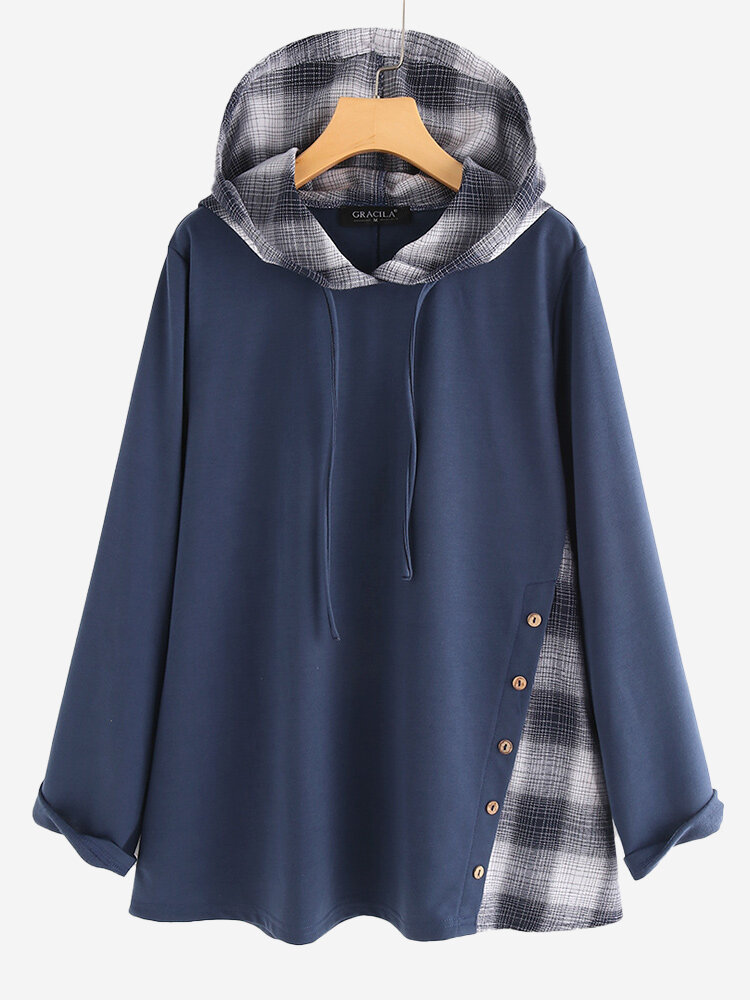 Patch Plaid Side Button Casual Hoodies For Women