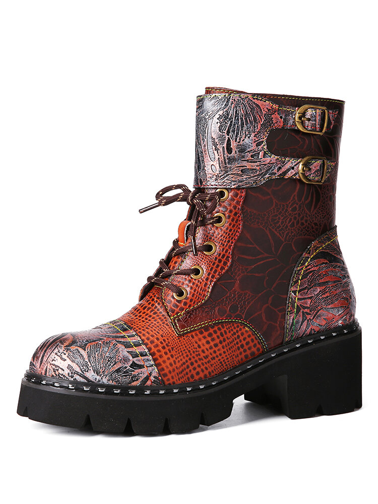 

Socofy Retro Floral Buckle Design Embossed Leather Side-zip Comfy Warm Lining Platform Short Boots, Coffee