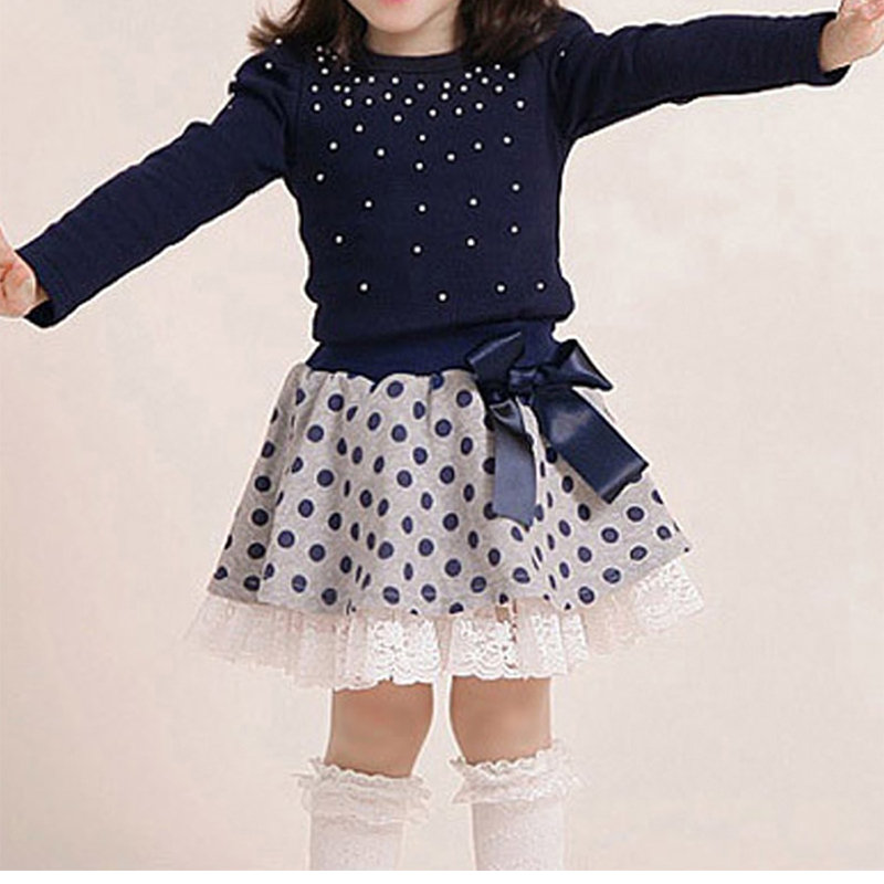 2 Pcs Girls Skirt Set Cute Polka Dot Long Sleeve Tops Skirt Set For 3Y-11Y  On Sale - NewChic