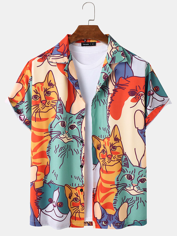 Mens Multi-Color Cat Print Loose Light Casual Short Sleeve Shirts