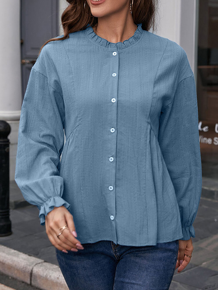Cotton Solid Ruffle Button Long Sleeve Comfy Blouse