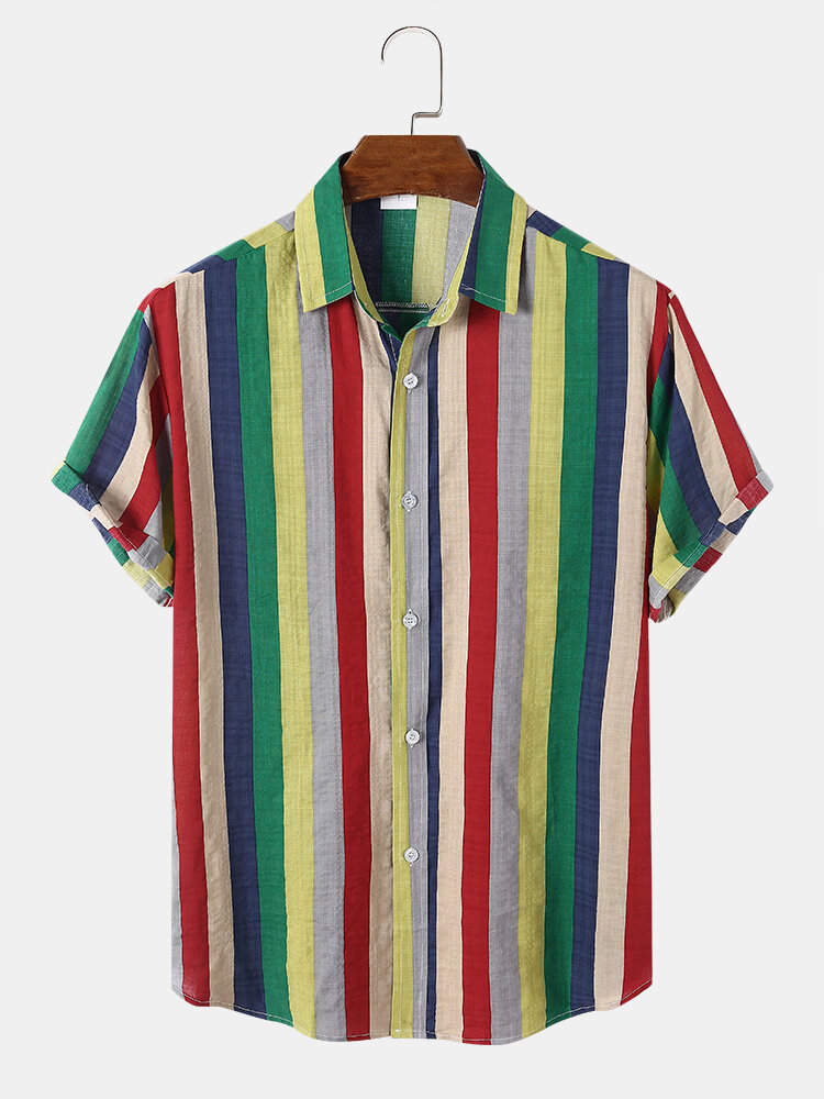 Mens Colorful Vertical Stripe Button Up Casual Short Sleeve Shirts