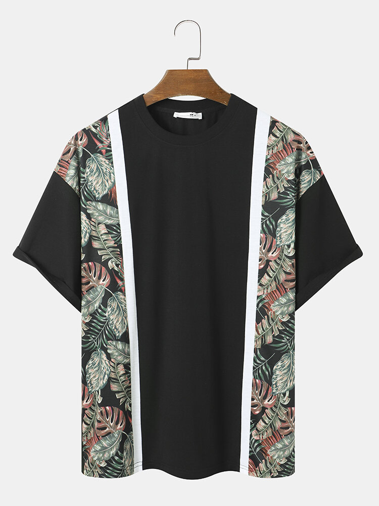 Mens Tropical Leaf Print Patchwork Loose Short Sleeve T-Shirts