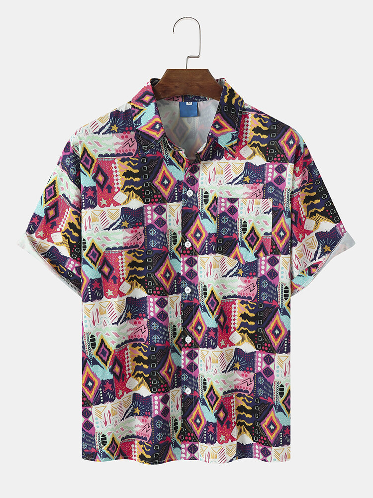 Camisas de manga corta con solapa y estampado de mezcla geométrica para hombre Colorful