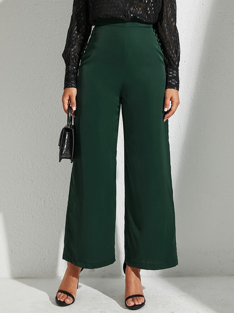 Solid Color Button High Waist Loose Casual Pants For Women