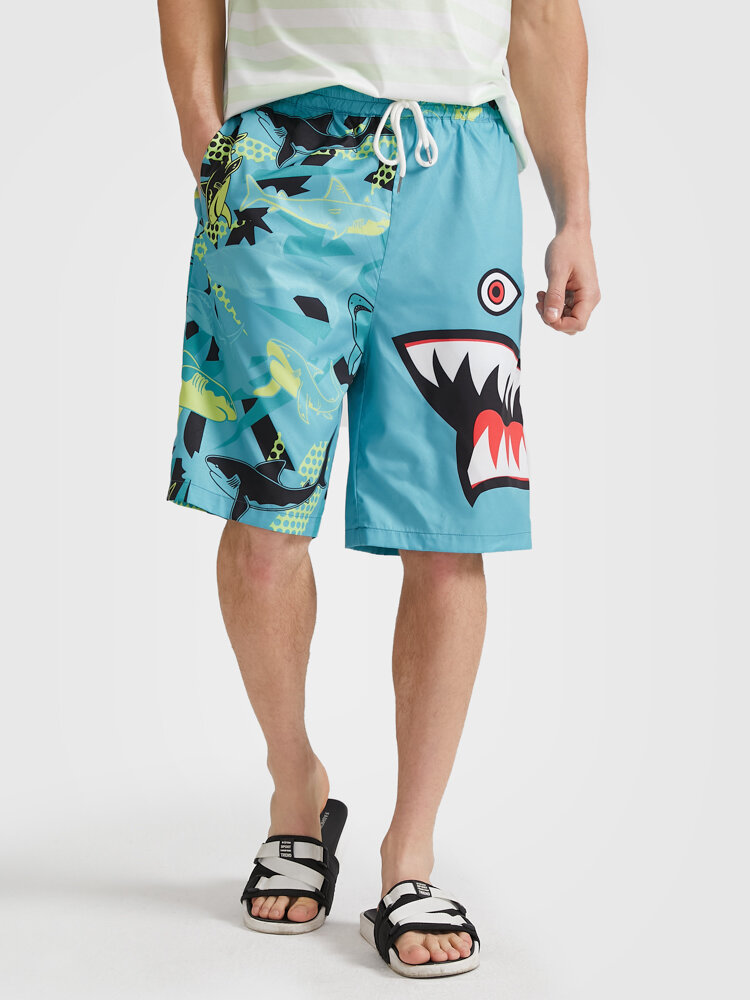 Mens Cartoon Shark Print Holiday Drawstring Shorts With Pocket