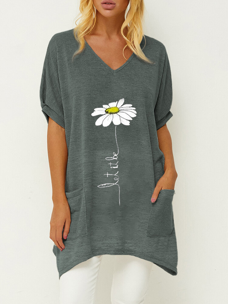 Daisy Floral Printed Irregular Hem Long T-shirt With Pocket