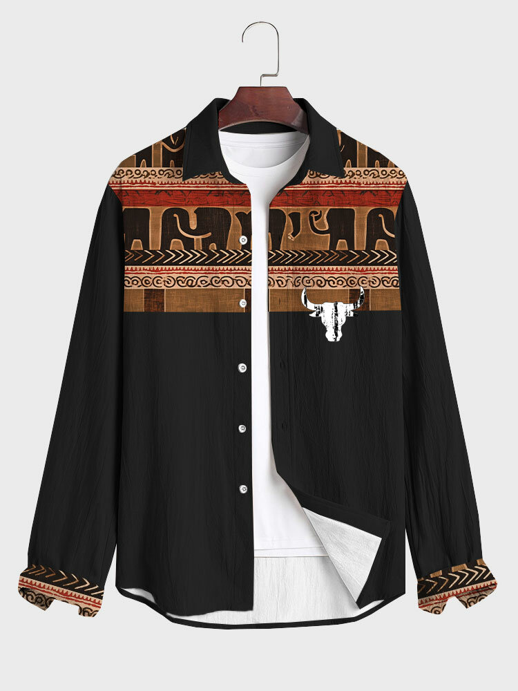 

Mens Ethnic Tribal Cow Head Print Patchwork Long Sleeve Shirts Winter, Black
