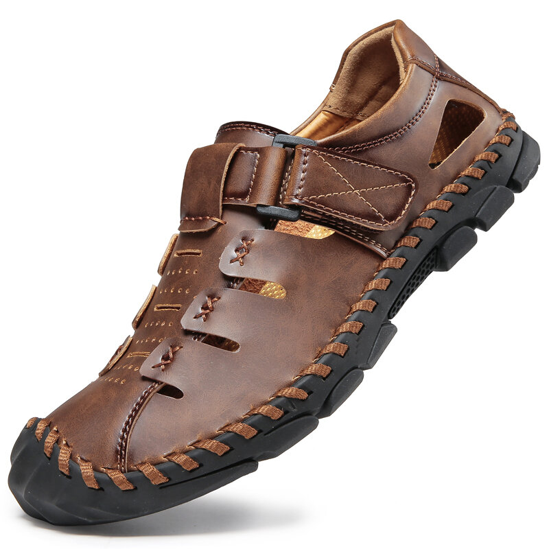 Men Hand Stitching Leather Non Slip Soft Sole Hook Loop Casual Sandals 