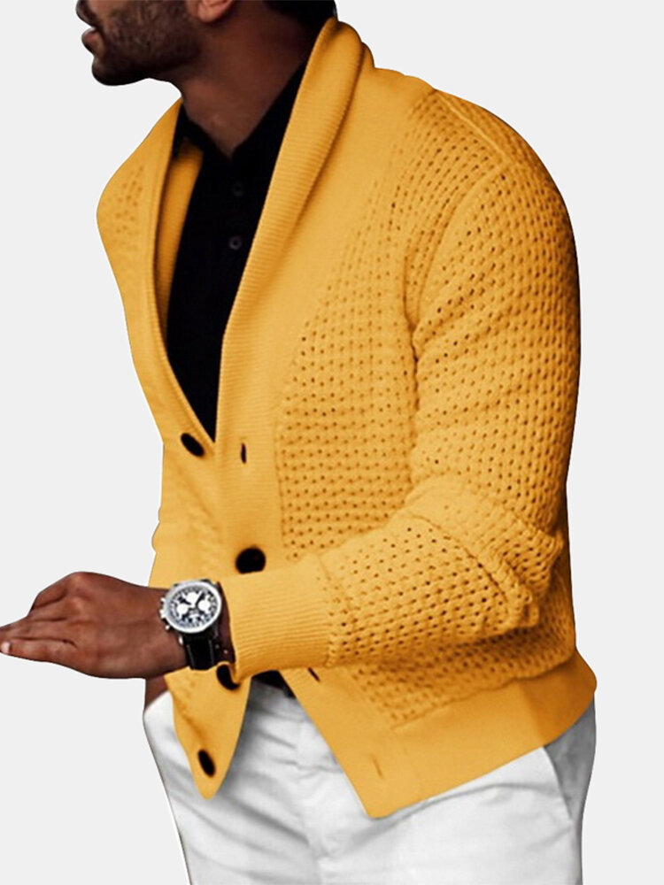 Mens Rib-Knit Hollow Out Button Front Lapel Casual Long Sleeve Cardigans