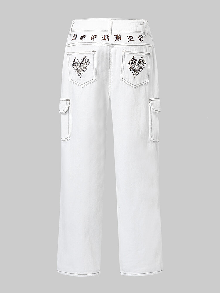 Retro Embroidery Pocket Button Wide Leg Denim Jeans