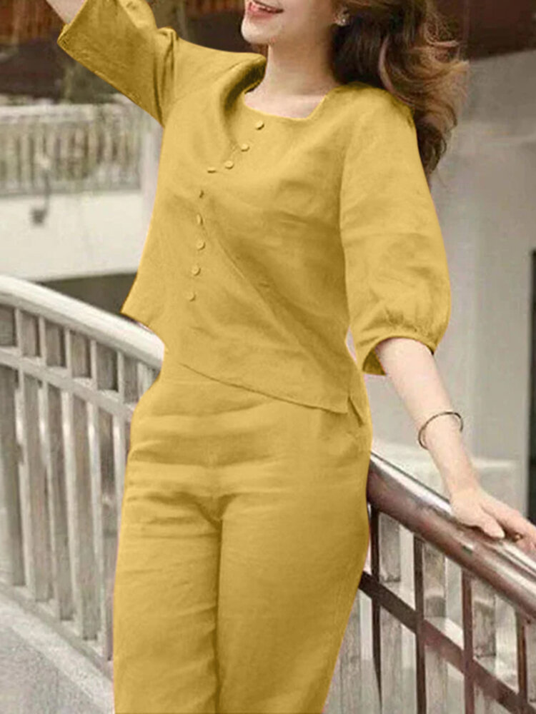 Women Solid Square Collar Button Front Casual Cotton Co-ords