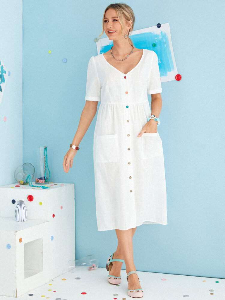 Multi-color Buttons V-neck Short Sleeve Casual Dresses With Pockets