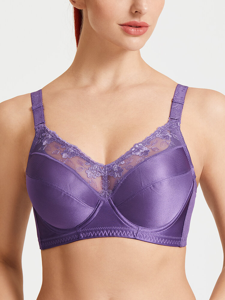 

Women Lace Jacquard Mesh Insert Thin Full Coverage Non Padded Bras, Black;purple;blue;green;wine red;pink