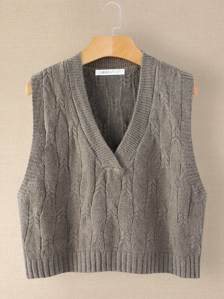 Solid Color V-neck Knit Sleeveless Sweater