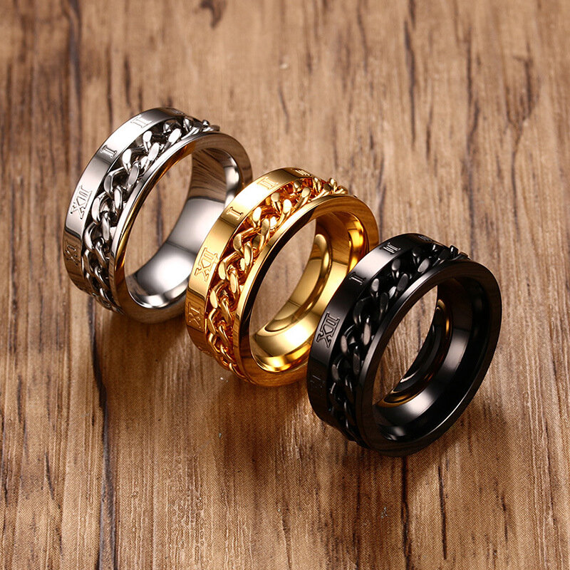 

Fashion Roman Numeral Chain Ring Titanium Steel Men Open Beer Bottle Cap Artifact Ring, Silver;gold;black