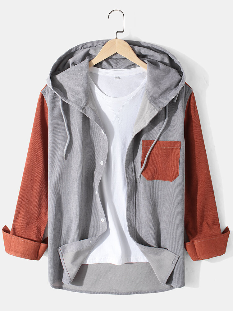 Mens Corduroy Contrast Patchwork Casual Long Sleeve Chest Pocket Drawstring Hooded Shirts