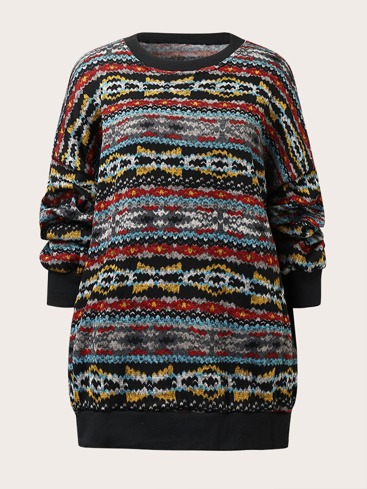 Plus Size Ethnic Pattern Vintage Loose Patchwork Sweater