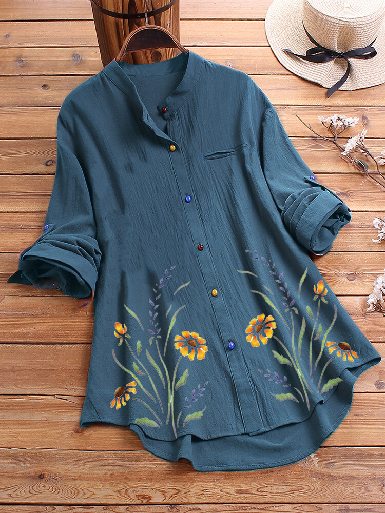 Botão colorido com estampa de flores manga longa Camisa para mulheres