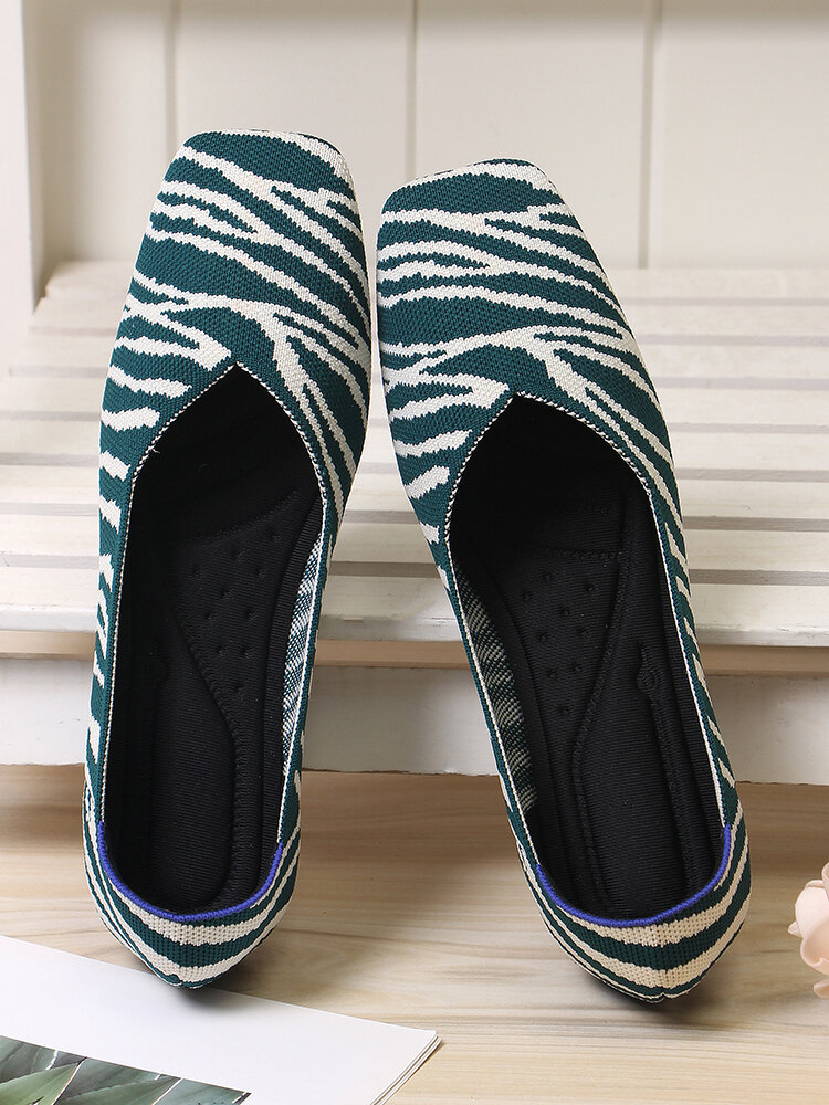

Women Squared Toe Zebra Print Knitted Fabric Ballet Shoes Soft Lightweight Shallow Slip On Flat Shoes, Green;black;gray