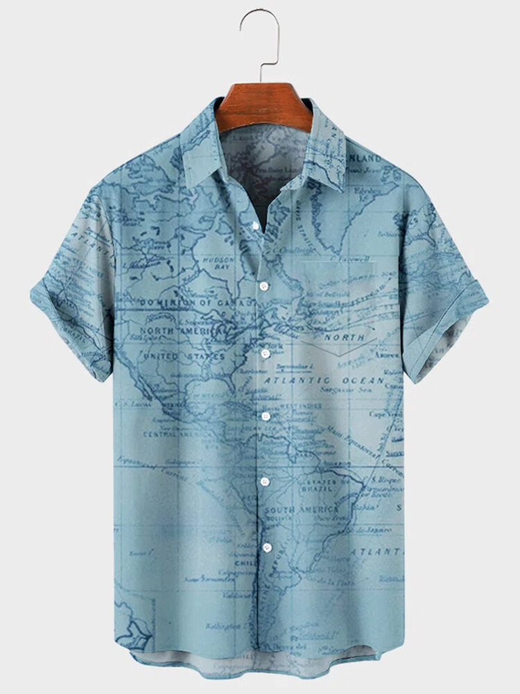 

Mens World Map Print Button Up Casual Short Sleeve Shirts, Blue