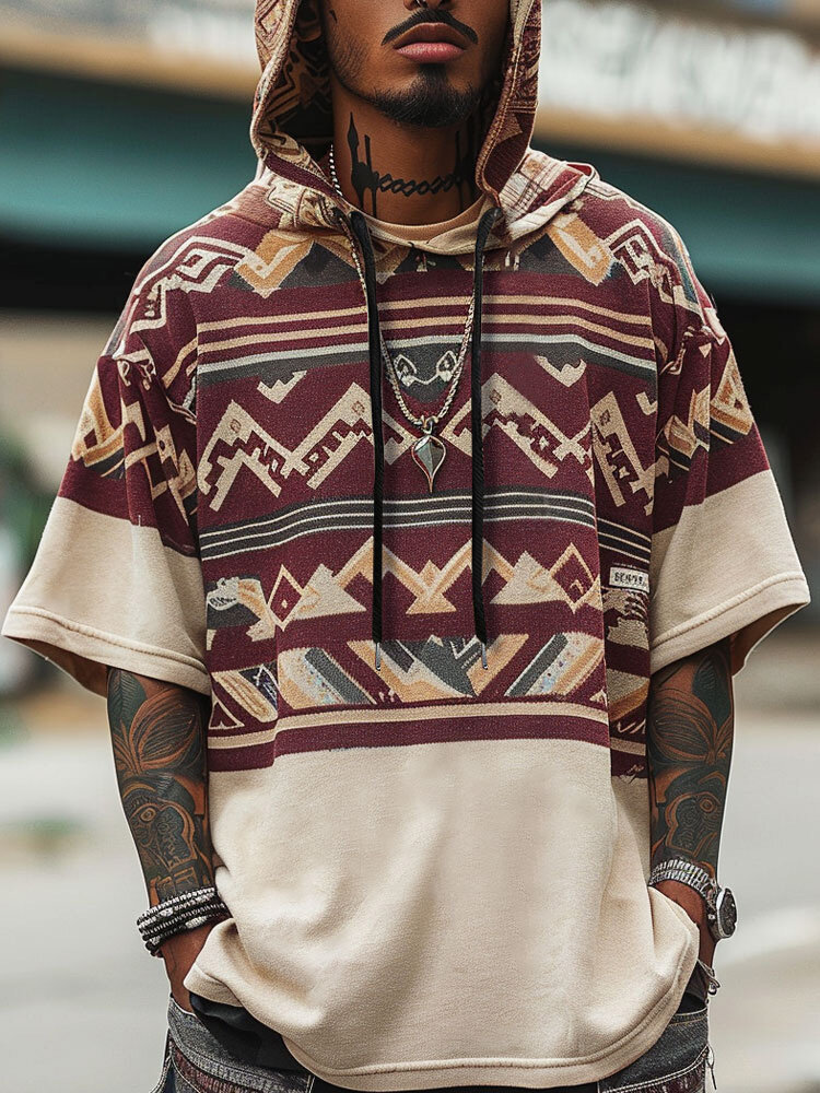 Camisetas de manga corta con capucha geométricas étnicas Patrón para hombre