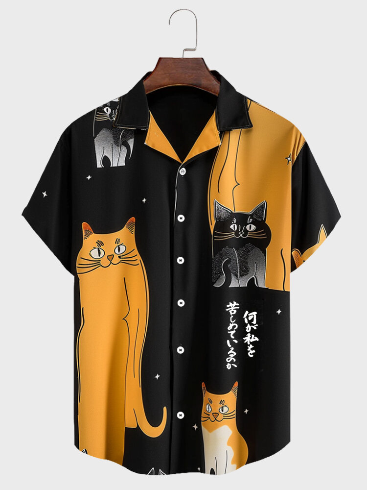 

Mens Japanese Cat Print Revere Collar Short Sleeve Shirts, Black