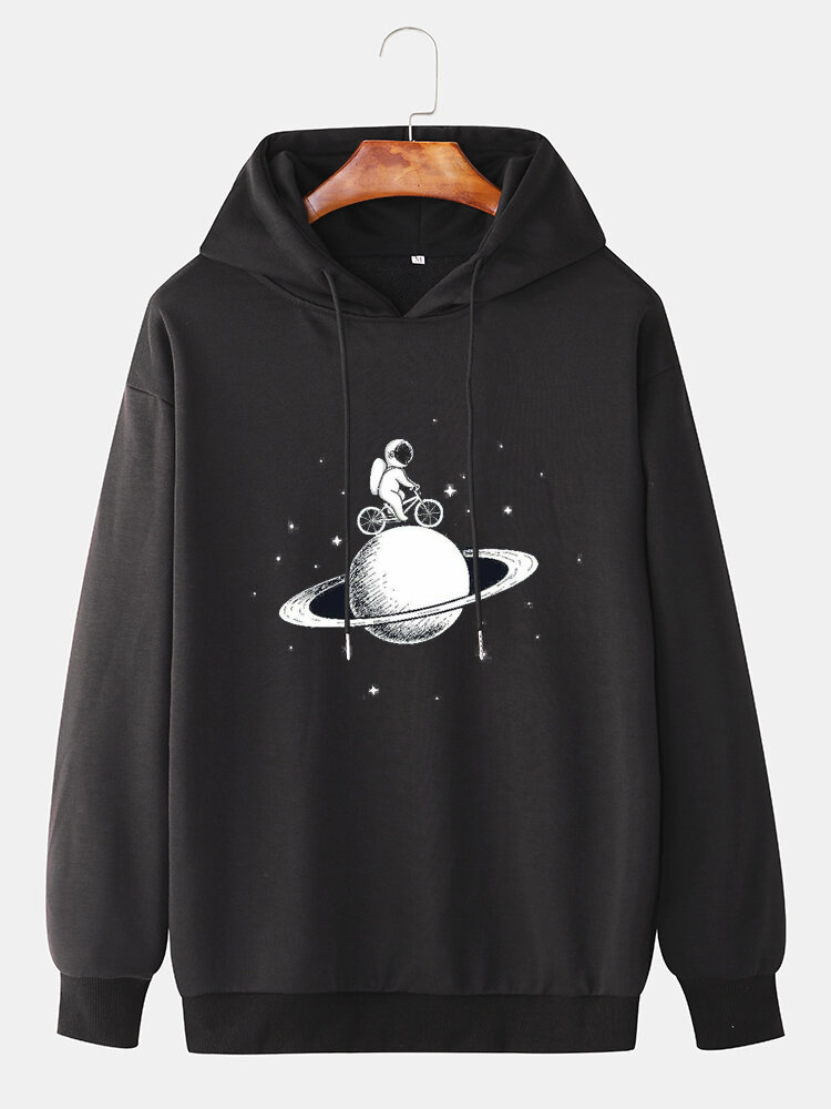 Mens Cartoon Space Astronaut Print Solid Drawstring Pullover Hoodie