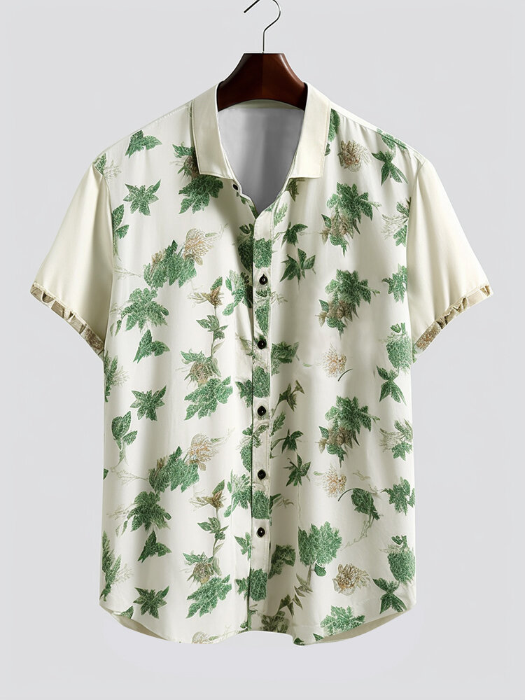 

Mens Plant Print Button Up Hawaiian Vacation Short Sleeve Shirts, Apricot