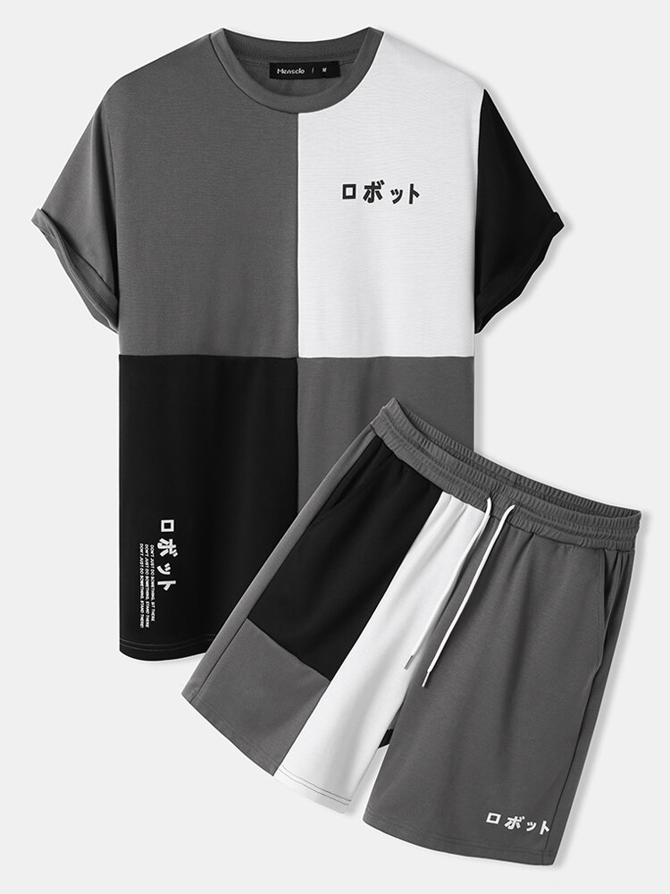 Trajes diarios de dos piezas con costuras en bloque de color con estampado japonés para hombre