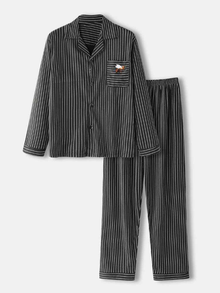 Mens Bee Embroidery Cotton Comfy Casual Striped Home Two-Piece Lapel Collar Loungewear Sets