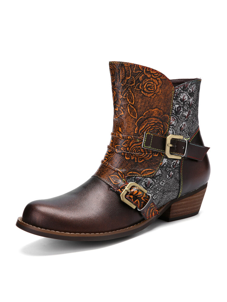 Socofy Retro Flower Print Leather Patchwork Belt Buckle Design Side Zipper Chunky Heel Comfy Short Cowboy Boots