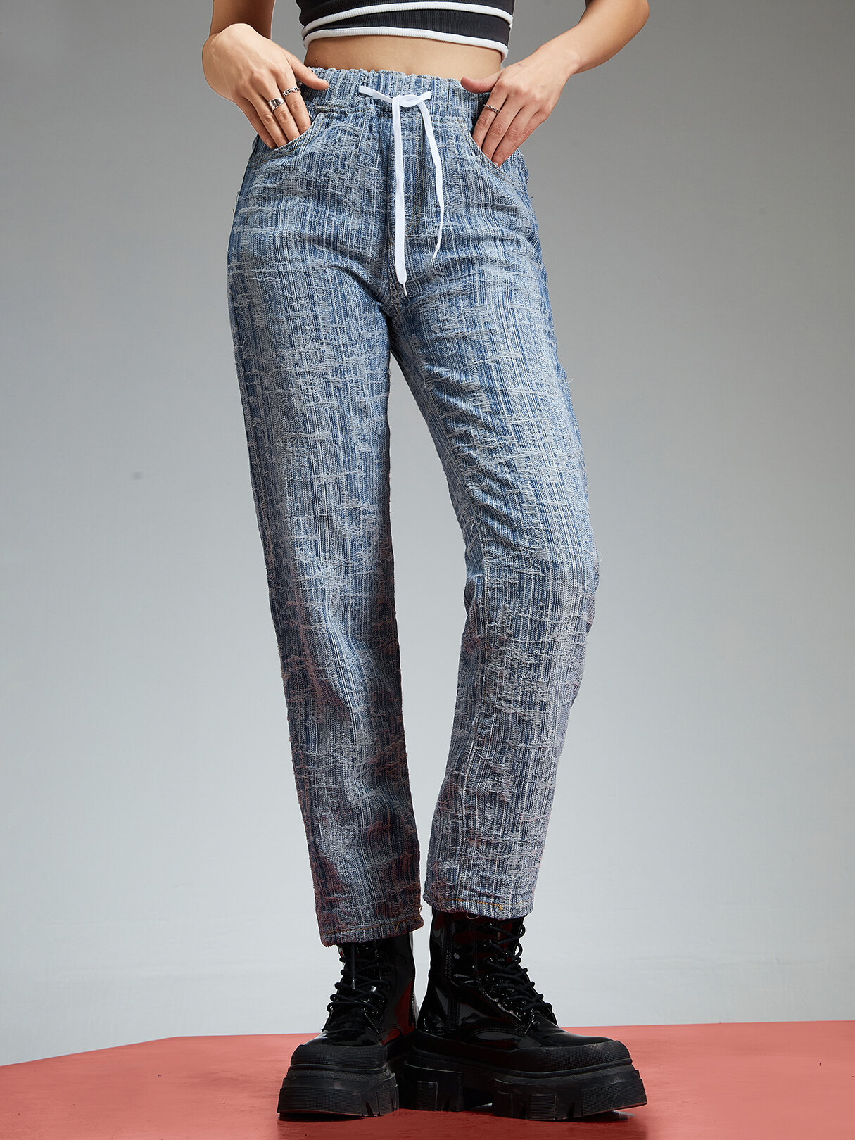 Elastic Waist Pocket Drawstring Casual Women Denim Jeans