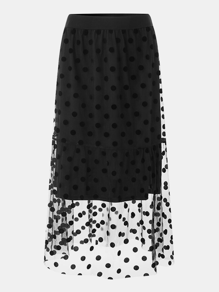 Polka Dots Print Mesh Elastic Waist Long Casual Skirt for Women