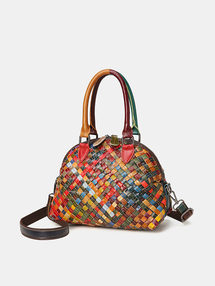 Women Genuine Leather Weave Patchwork Multicolor Shoulder Bag Crossbody Bag