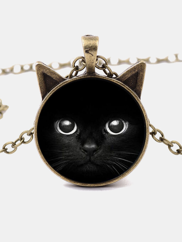 1 PC Casual Trend Cartoon Black Cat Pattern Glass Glass Pendant Necklace