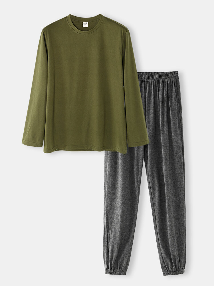 Men Cotton Comfy Sleepwear Army Green O-Neck Long Sleeve & Jogger Pants Pocket Pajamas Sets