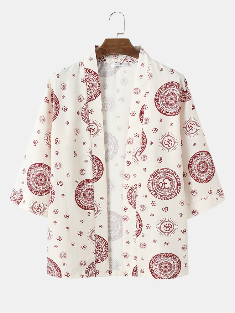 

Mens Loop Print Front Open Three Quarter Sleeve Comfy Kimonos, Apricot