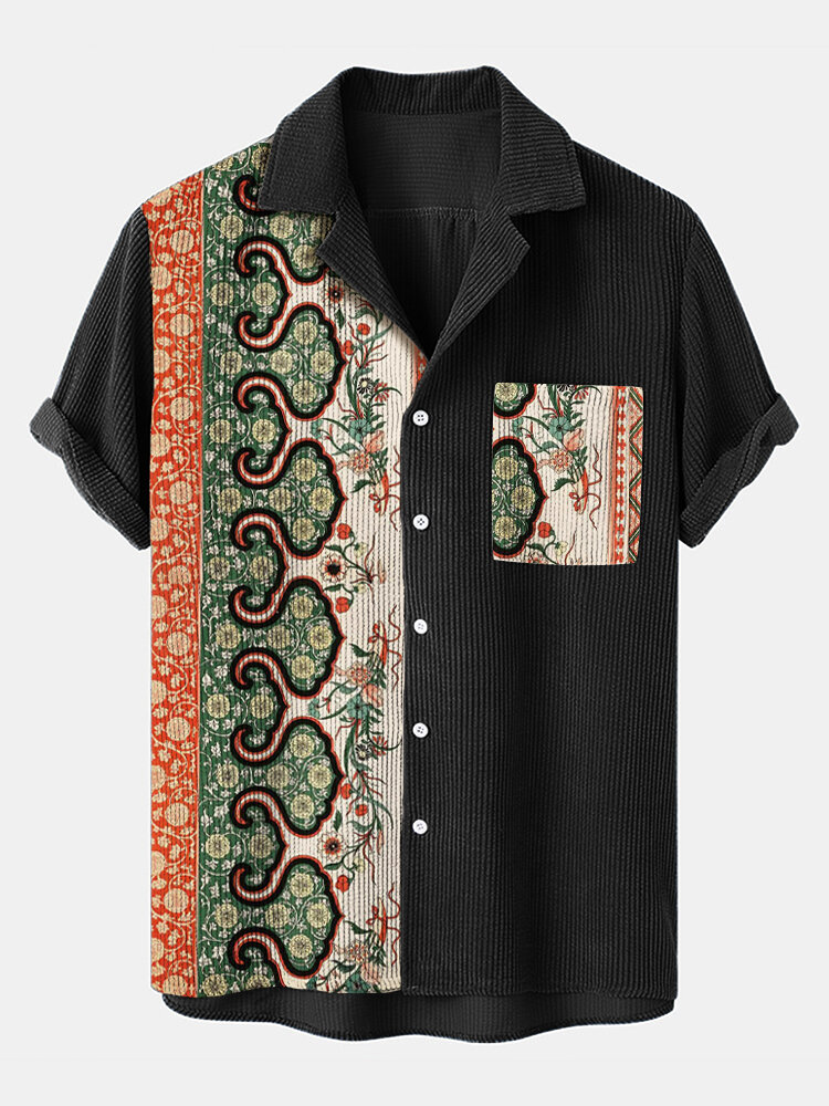 Mens Ethnic Floral Print Patchwork Corduroy Short Sleeve Shirts