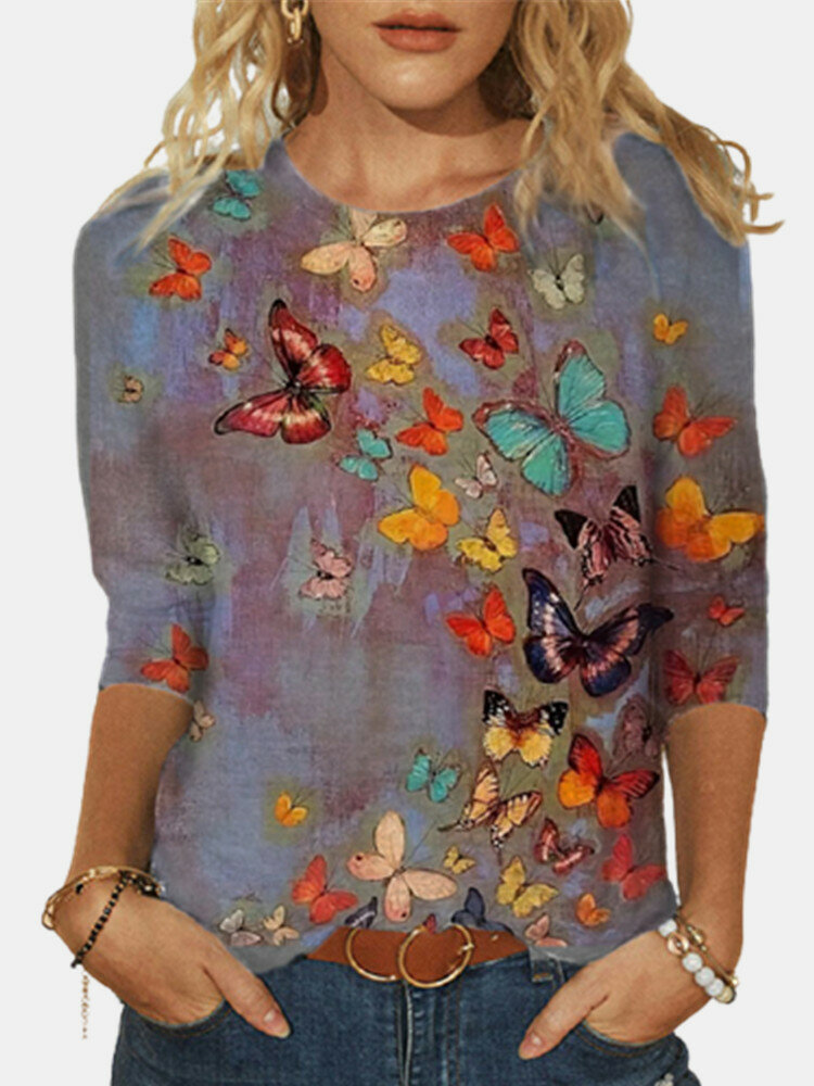 Butterflies Print O-neck Long Sleeve Plus Size Cotton Blouse