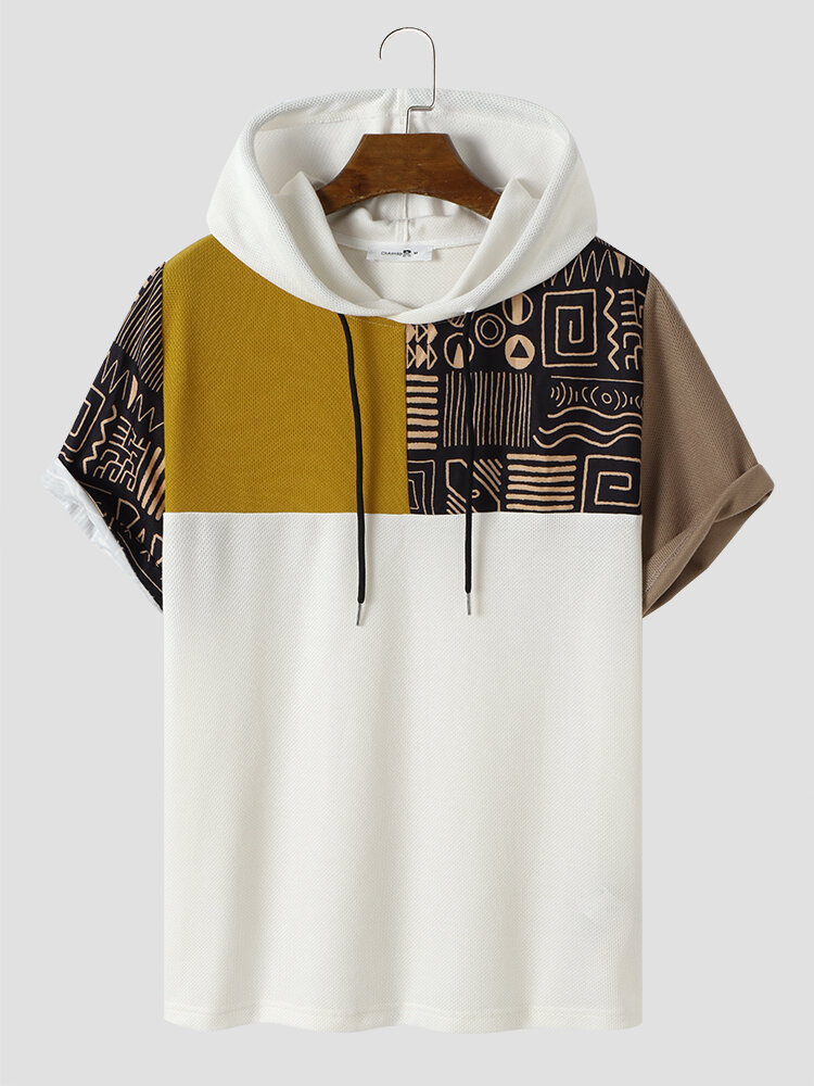 Mens Tribal Patchwork Printed Short Sleeve Hooded T-Shirts