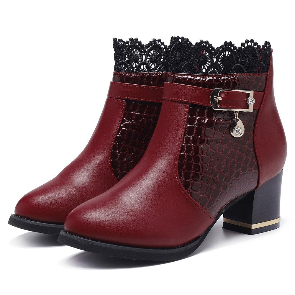 Veins Leather Lacework Chunky Heel Boots