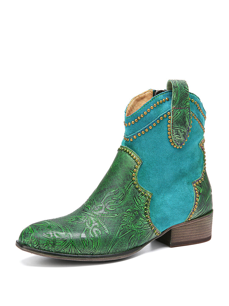 

SOCOFY Retro Embossed Genuine Leather Splicing Comfy Block Heel Cowboy Short Boots, Green;khaki