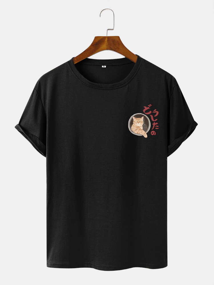 Mens Cute Cat Japanese Graphic Crew Neck Short Sleeve T-Shirts