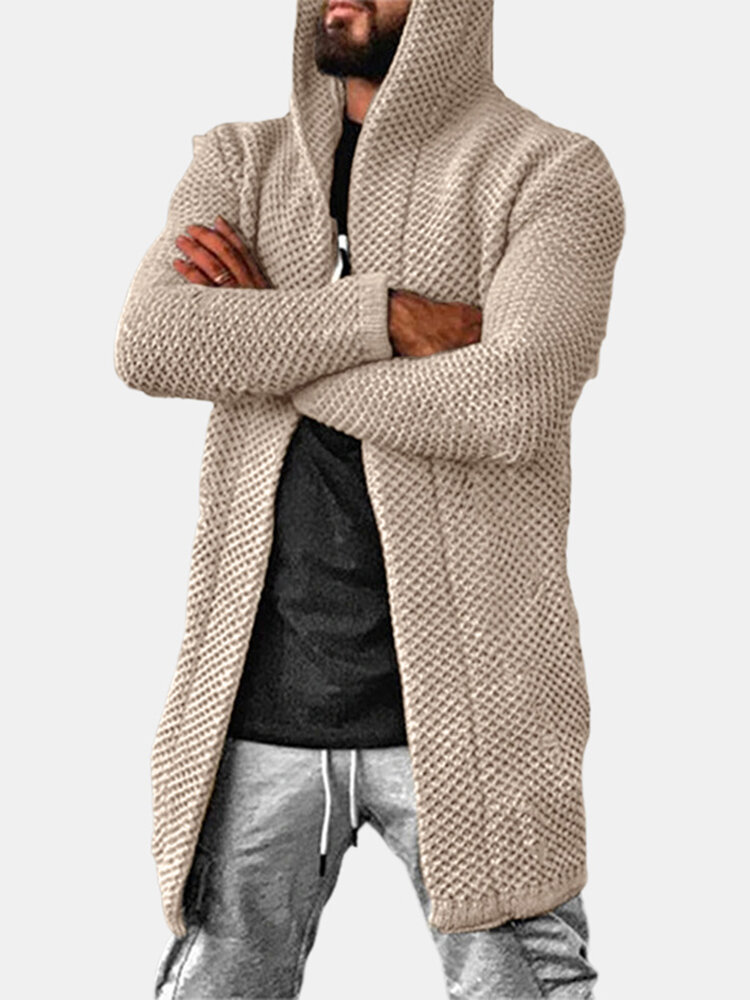 Mens Solid Color Knitted Casual Mid-Length Ripped Loose Sweater Hooded Cardigan