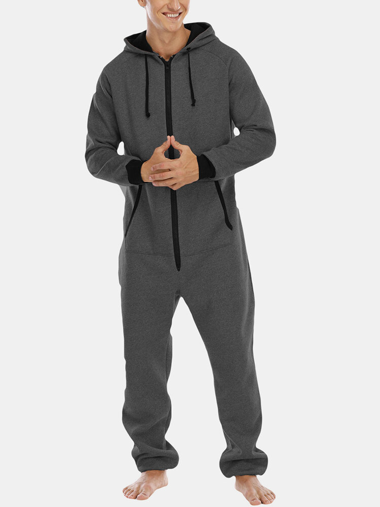 Men Cotton Solid Color Loose Onesies Zipper Hooded Jumpsuit With Kangaroo Pockets