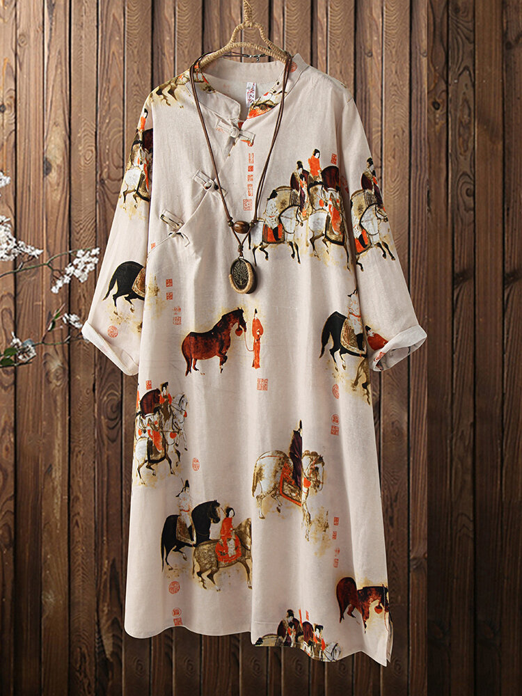 

Chinese Horses Print 3/4 Sleeeve Plus Size Dress, Beige