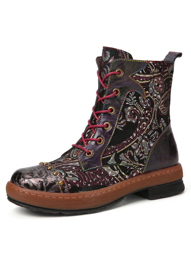 

Socofy Casual Retro Floral Leather Side Zipper Comfortable Combat Short Boots, Dark coffee