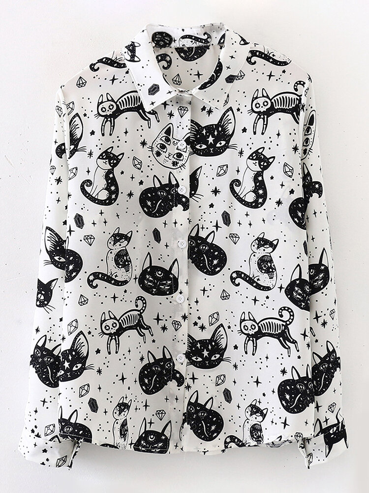 Cartoon Cat Print Lapel Long Sleeve Plus Size Casual Shirt for Women