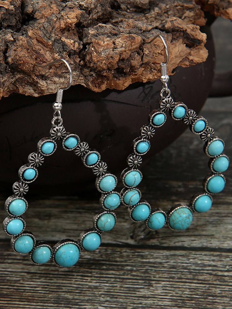 Vintage Geometric Hollow Drop-shaped Carved Flower Turquoise Alloy Earrings